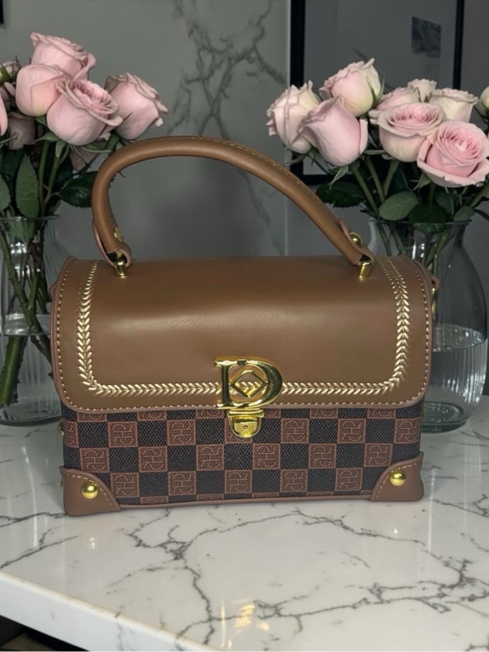 Fashion Brown Chekered Top-Handle Women’s Satchel with Gold Hardware Bag NEW